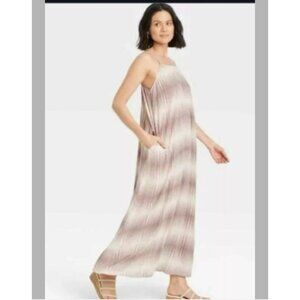 A New Day Womens Striped Rayon Maxi Dress Pockets Sleeveless Size M Casual Beach